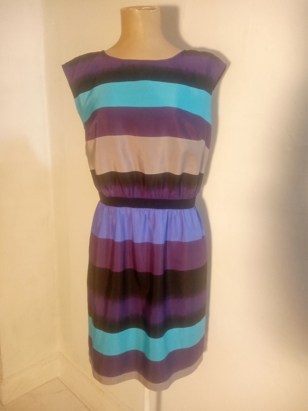 LOFT Striped Cap-Sleeve Dress in Purple, Teal & Black